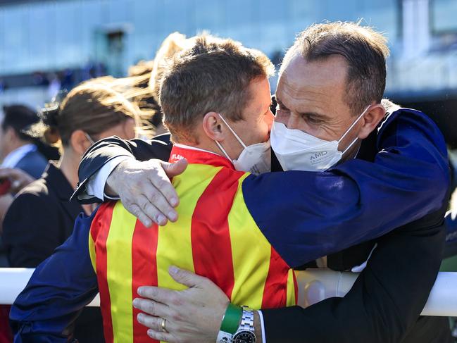 James McDonald hugs trainer Chris Waller after the race. Picture: Mark Evans/Getty Images