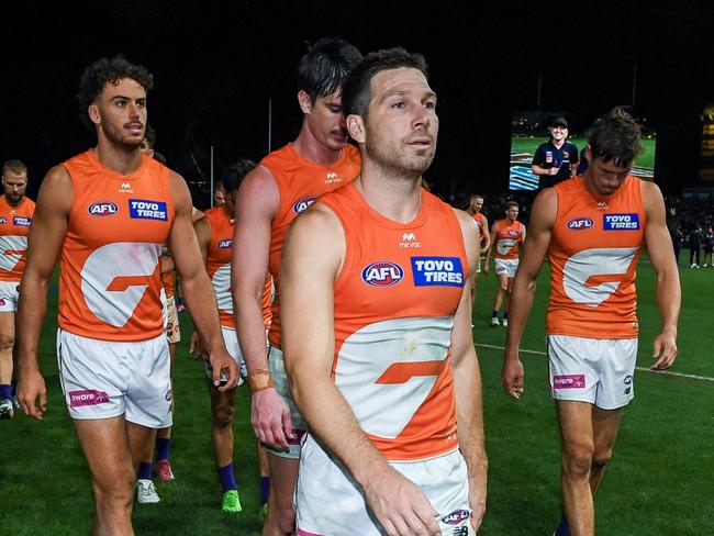 ADELAIDE, AUSTRALIA - APRIL 19:Toby Greene of the Giants  leads his team off  during the round six AFL match between Adelaide Crows and GWS Giants at Adelaide Oval, on April 19, 2025, in Adelaide, Australia. (Photo by Mark Brake/Getty Images)