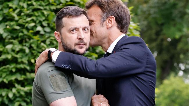 French President Emmauel Macron assures Ukrainian President Volodymyr Zelensky of his full support. Picture: AFP