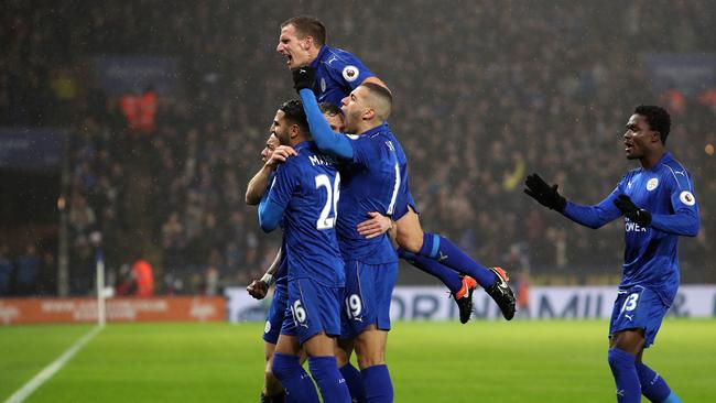 Jamie Vardy of Leicester City celebrates scoring.