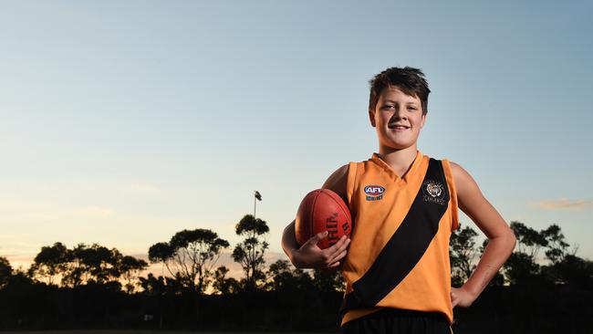 Tom Trevaskis, when he was 12, and playing with the Pittwater Tigers. Picture: Manly Daily