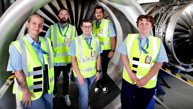 Qantas is opening its first engineering academy in Brisbane at a time when demand for aircraft maintenance is soaring.  L to R, Alex Hodgson, Tyson Hersee, Liam Clements, Jaxon Reihana, Alysha Paterson, at Aviation Australia, Aviation training institute,  Brisbane Airport QLD - on Friday 17th January 2025 - Photo Steve Pohlner/Qantas