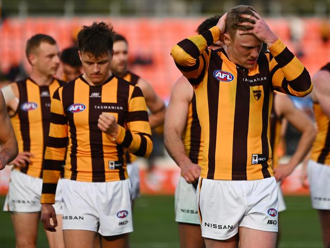 CANBERRA, AUSTRALIA - AUGUST 04: James Sicily of the Hawks reacts following the round 21 AFL match between Greater Western Sydney Giants and Hawthorn Hawks at Manuka Oval, on August 04, 2024, in Canberra, Australia. (Photo by Morgan Hancock/Getty Images)