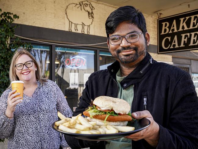 Karoonda ÔYourLocalÕ app food deals - District Mayor Caroline Phillips with Karoonda Mini-Mart Manager Sanjay Chandapuram holding food and coffee available on the app, pictured Monday May 4, 2020 - pic MIKE BURTON