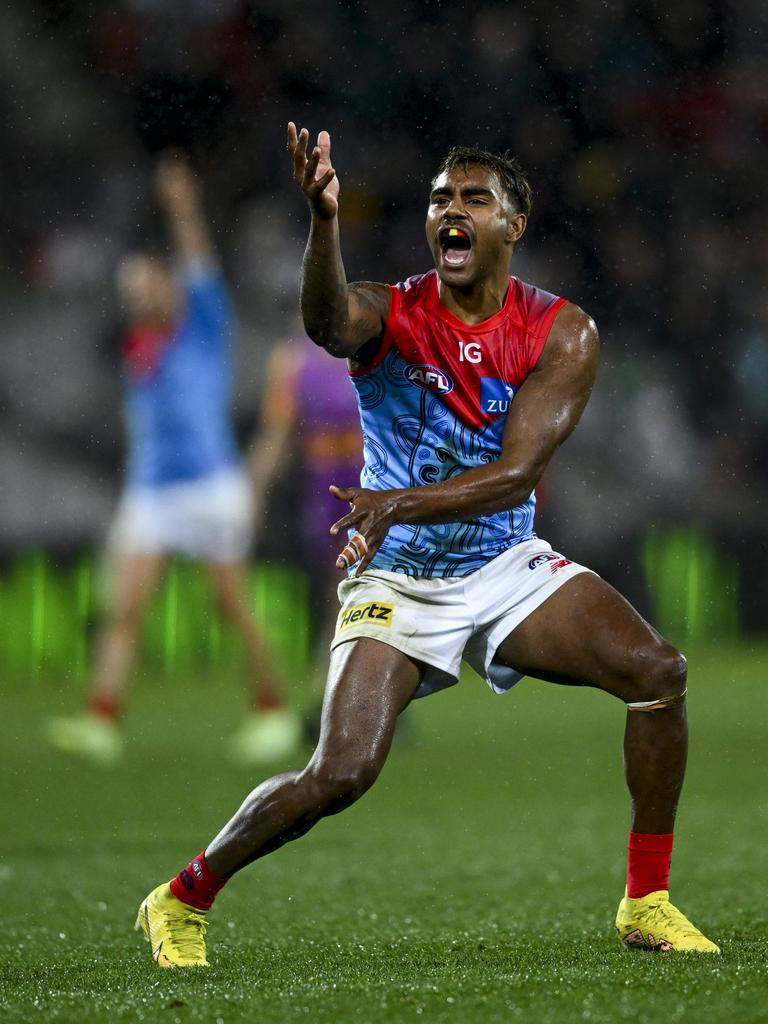 Kysaiah Pickett of the Demons celebrates a goal during Indigenous Round. (Photo by Mark Brake/Getty Images)