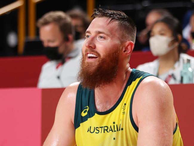 Baynes takes time out against Nigeria at the 2021 Tokyo Olympics. Picture: Gregory Shamus/Getty Images.