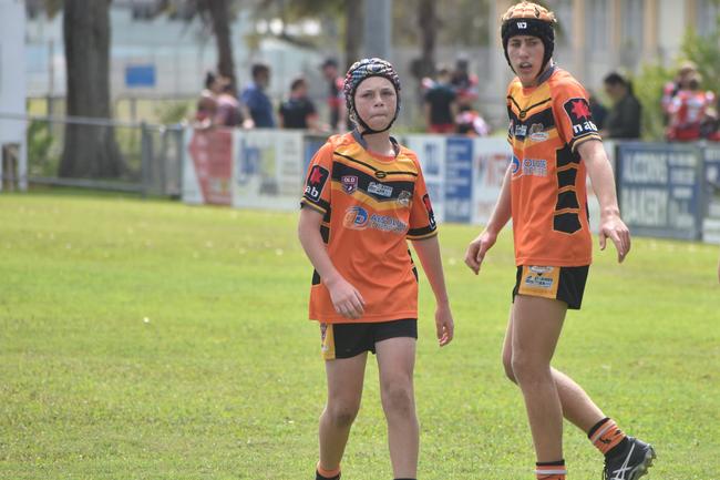 Joshua Toby and Mark Morrow in the Wests Tigers v Wanderers clash in the RLDM U14s final in Mackay, August 14, 2021. Picture: Matthew Forrest