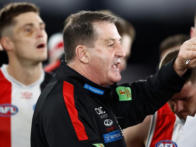 MELBOURNE, AUSTRALIA - JUNE 08: Ross Lyon, Senior Coach of the Saints addresses his players during the 2024 AFL Round 13 match between the St Kilda Saints and the Gold Coast SUNS at Marvel Stadium on June 08, 2024 in Melbourne, Australia. (Photo by Michael Willson/AFL Photos via Getty Images)