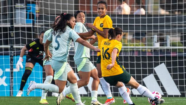 Hayley Raso struck in the ninth minute after Mexico had controlled play early. Picture: Sergio Flores / AFP