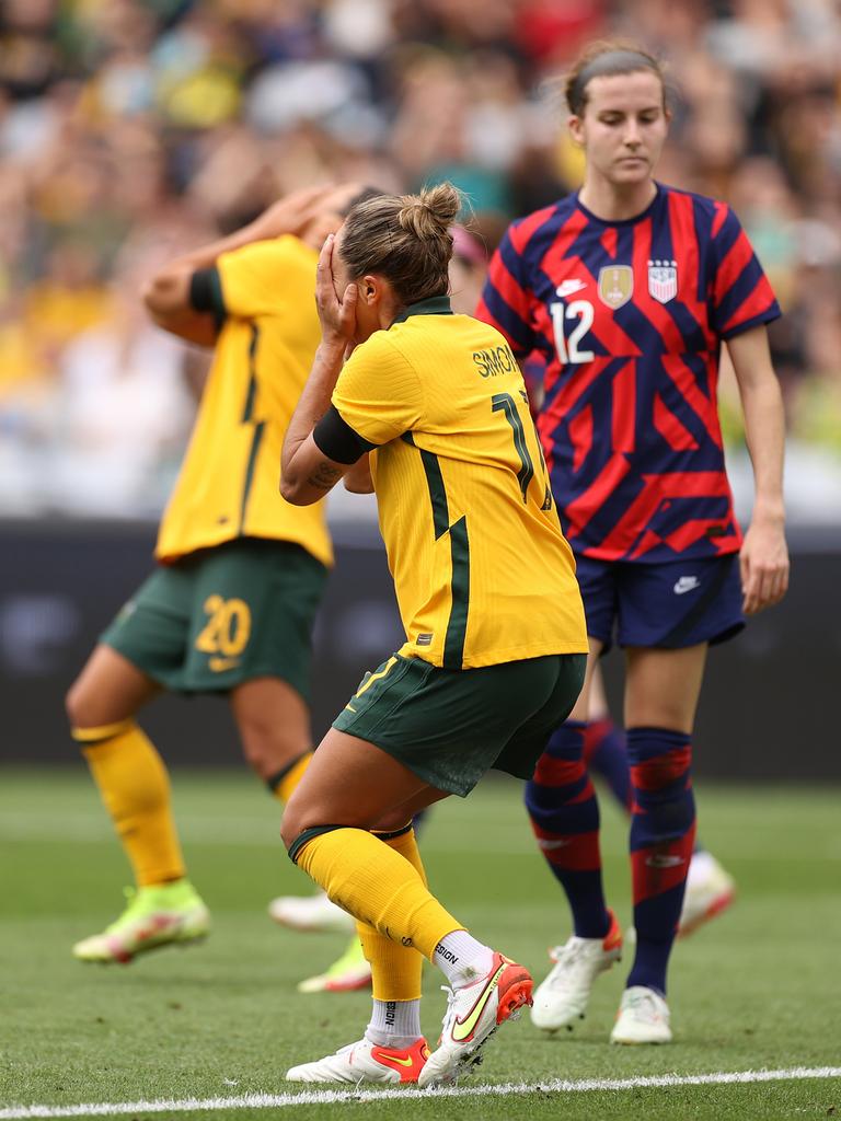 SYDNEY, AUSTRALIA - NOVEMBER 27: Kyah Simon of the Matildas reacts after a shot on goal went wide during game one of the series International Friendly series between the Australia Matildas and the United States of America Women's National Team at Stadium Australia on November 27, 2021 in Sydney, Australia. (Photo by Mark Kolbe/Getty Images)