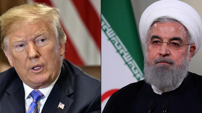 US President Donald Trump during a cabinet meeting at the White House in Washington and his counterpart from Iran President Hassan Rouhani giving a speech on Iranian TV in Tehran. Picture: AFP