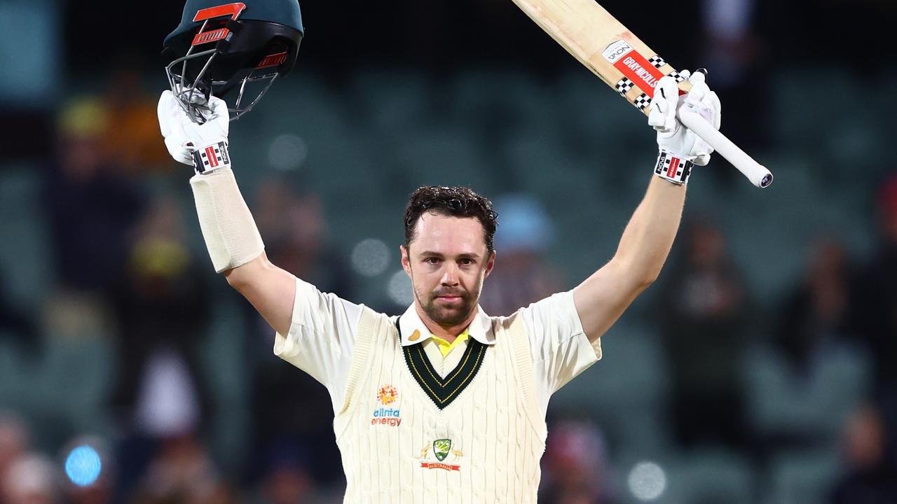 Travis Head celebrates making his century. Picture: Chris Hyde/Getty Images