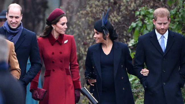 Prince William, Duke of Cambridge, Catherine, Duchess of Cambridge, Meghan, Duchess of Sussex and rince Harry, Duke of Sussex arrive for the Royal Family's traditional Christmas Day service at St Mary Magdalene Church in Sandringham in 2018.