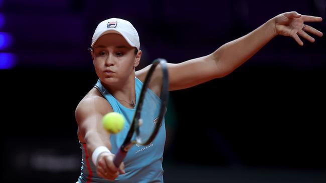 Ashleigh Barty returns a shot during the final against Aryna Sabalenka of Belarus