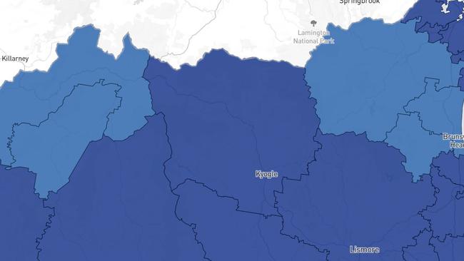 Local Government Area map of North Coast fully vaccinated numbers from April 22, 2022. Light blue areas reveal the postcodes where residents are only 80 to 90 per cent vaccinated. Picture: NSW Health