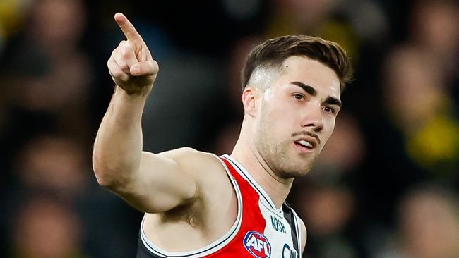 MELBOURNE, AUSTRALIA - AUGUST 13: Jade Gresham of the Saints celebrates a goal during the 2023 AFL Round 22 match between the St Kilda Saints and the Richmond Tigers at University of Tasmania Stadium on August 13, 2023 in Melbourne, Australia. (Photo by Dylan Burns/AFL Photos via Getty Images)