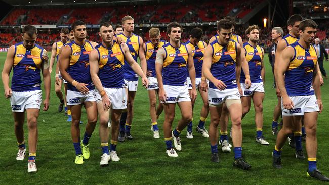 Dejected West Coast leave the field after losing to GWS. Picture: Phil Hillyard