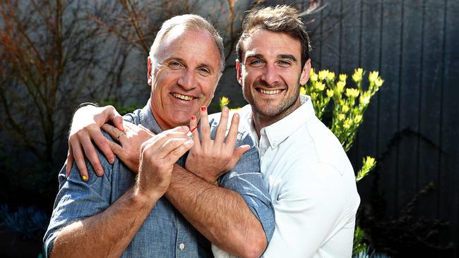 Tim Watson and son Jobe paint their nails as part of the Polished Man campaign that challenges men to end violence against children. Picture: Tim Carrafa