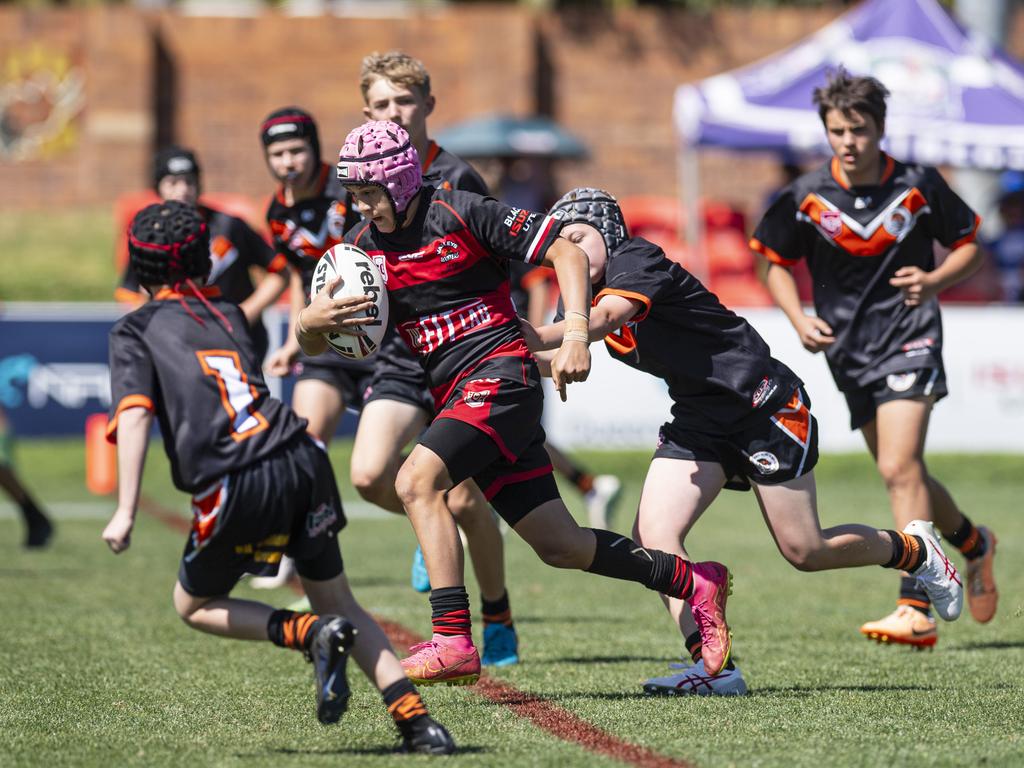 Hunter Collins on the move for Valleys against Southern Suburbs in U13/14 boys Toowoomba Junior Rugby League grand final at Toowoomba Sports Ground, Saturday, September 7, 2024. Picture: Kevin Farmer