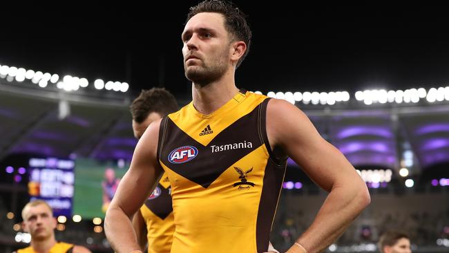 PERTH, AUSTRALIA - AUGUST 10: Jack Gunston of the Hawks walks from the field after being defeated during the round 11 AFL match between the Fremantle Dockers and the Hawthorn Hawks at Optus Stadium on August 10, 2020 in Perth, Australia. (Photo by Paul Kane/Getty Images)