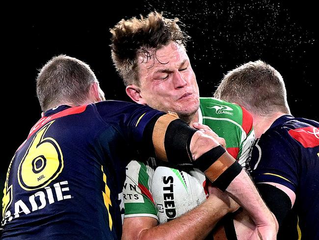 BRISBANE, AUSTRALIA - MAY 06: Liam Knight of the Rabbitohs takes on the defence during the round 10 NRL match between Melbourne Storm and South Sydney Rabbitohs at Suncorp Stadium on May 06, 2023 in Brisbane, Australia. (Photo by Bradley Kanaris/Getty Images)