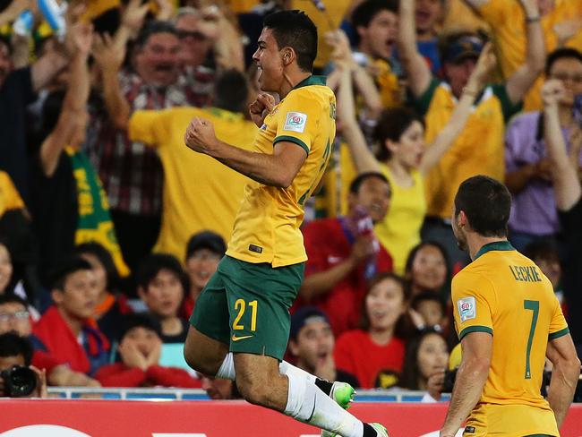 Massimo Luongo celebrates scoring Australia’s opener in the final against South Korea. Picture: Brett Costello