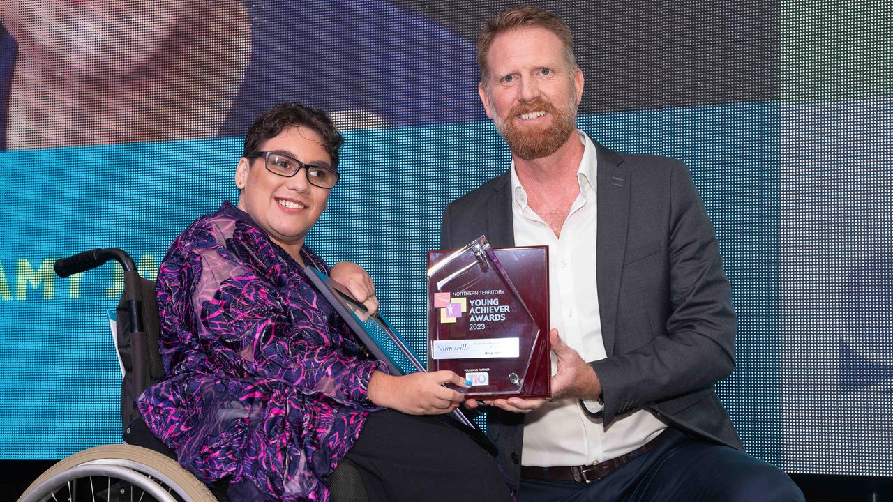 CEO of Sommerville Community Services, Lawson Broad, presenting the Sommerville Community Services Award to Amy James at the NT Young Achiever Awards. Picture: Pema Tamang Pakhrin