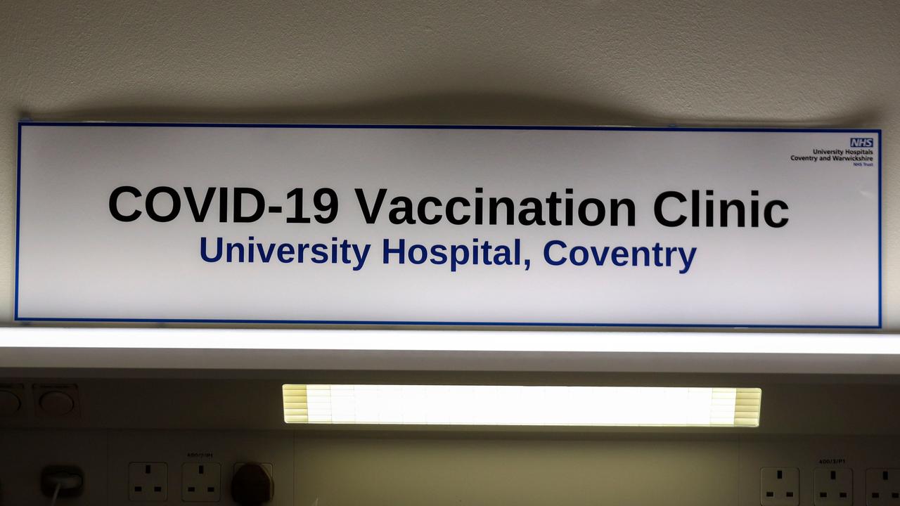 Signs in the COVID-19 Vaccination Clinic at the University Hospital in Coventry, prior to the NHS administering jabs to the most vulnerable early next week. Picture: Steve Parsons/Pool/AFP