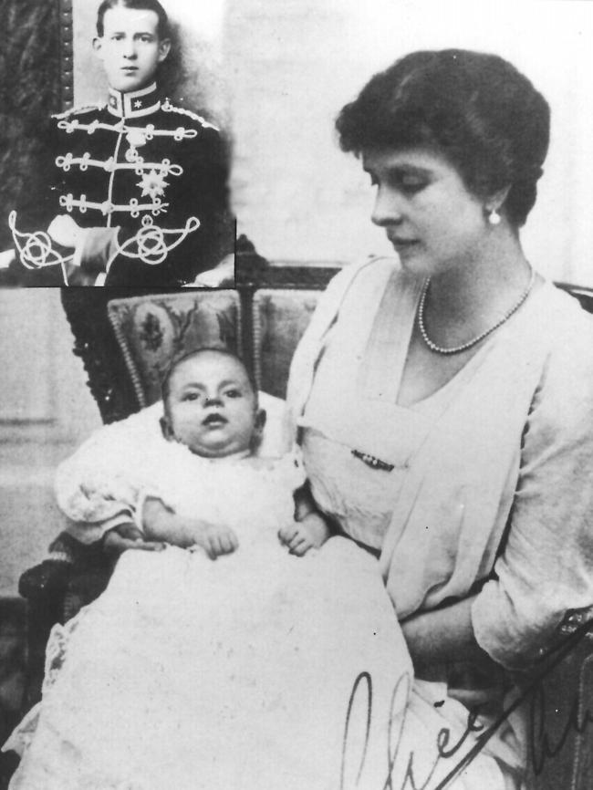 Prince Philip in the arms of his mother, Princess Alice of Greece in l921. Inset is Prince Philip's father, Prince Andrew as an Officer in German Military uniform, pictured on his twenty-first birthday.