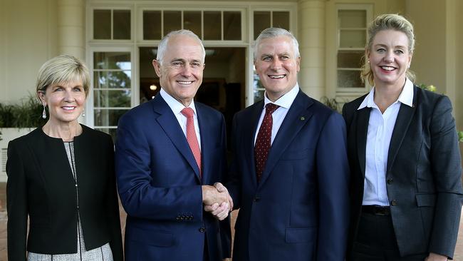 Julie Bishop and Malcolm Turnbull join Michael McCormack and deputy Nationals leader Bridget McKenzie after Mr McCormack was sworn in as Deputy Prime Minister yesterday. Picture: Kym Smith