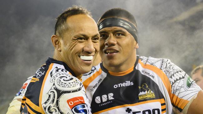 Brumbies Allan Alaalatoa and Christian Lealiifano during the Round 18 Super Rugby match between the ACT Brumbies and the Queensland Reds at GIO Stadium in Canberra, Saturday, June 15, 2019. (AAP Image/Rohan Thomson) NO ARCHIVING, EDITORIAL USE ONLY