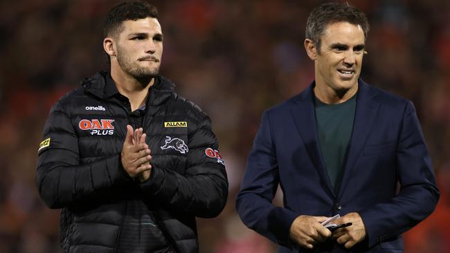 NSW halfback Nathan Cleary and coach Brad Fittler. Picture: Cameron Spencer/Getty Images