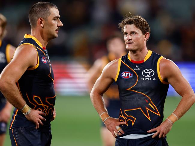 ADELAIDE, AUSTRALIA - APRIL 04: Taylor Walker (left) and Matt Crouch of the Crows look dejected after a loss during the 2024 AFL Round 04 match between the Adelaide Crows and the Melbourne Demons at Adelaide Oval on April 04, 2024 in Adelaide, Australia. (Photo by Michael Willson/AFL Photos via Getty Images)