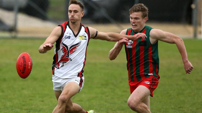 The Basin’s Jackson Drake (right) hunts the ball on Saturday. Picture: Stuart Milligan