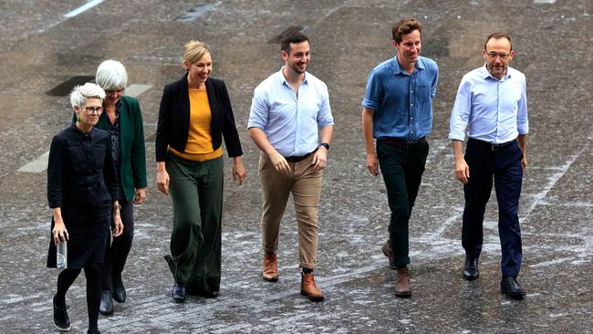 Penny Allman-Payne, Elizabeth Watson-Brown, Senator Larissa Waters, Stephen Bates, Max Chandler-Mather and Adam Bandt. Pics Adam Head