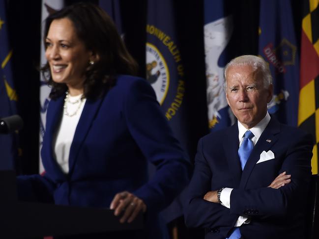 TOPSHOT - Democratic vice presidential running mate, US Senator Kamala Harris, speaks as Democratic presidential nominee and former US Vice President Joe Biden during the first press conference with Joe Biden in Wilmington, Delaware, on August 12, 2020. (Photo by Olivier DOULIERY / AFP)