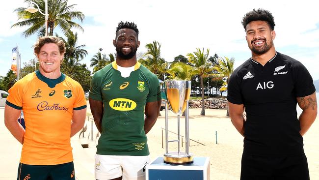 Michael Hooper, Siya Kolisi and Ardie Savea posed with the Rugby Championship trophy ahead of this weekend’s games. (Photo by Ian Hitchcock/Getty Images)