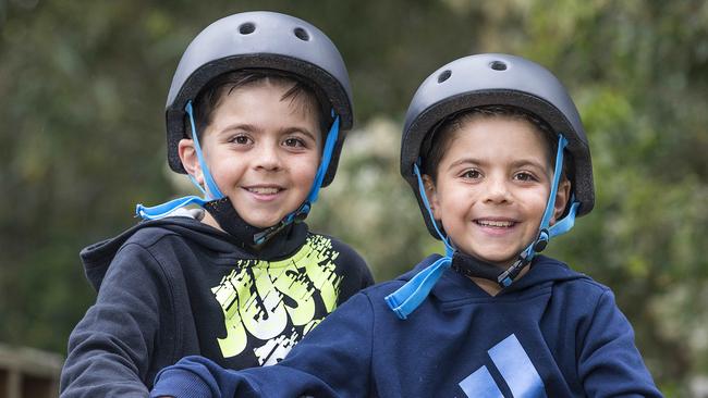 9 year old twins Jagger and Hunter (blue jumper) riding on their local bike track. Picture: Sarah Matray