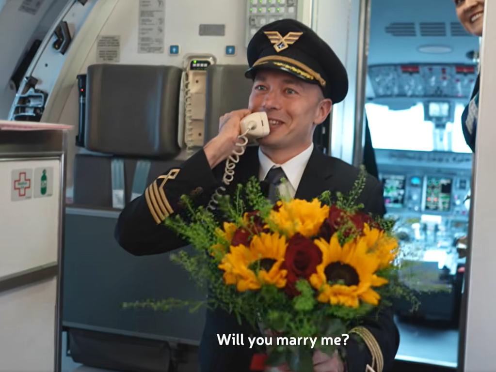 Captain Konrad Hanc proposed to his flight attendant girlfriend on a flight heading to Krakow, a city in southern Poland. Picture: Facebook/LOT Polish Airlines
