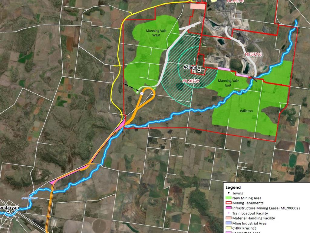 Maps of the proposed Stage 3 expansion of the New Acland Coal Mine. The area is green shows the new coal pits. The town of Acland is in the centre.