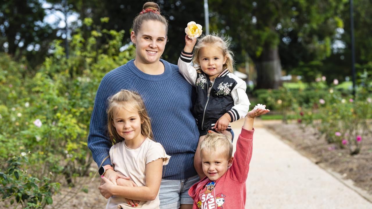 Eleisha Park with her kids (from left) Jocelyn, Blaze and Raegan during Mother's Day celebrations in the Queensland State Rose Garden, Newtown Park, Sunday, May 8, 2022. Picture: Kevin Farmer