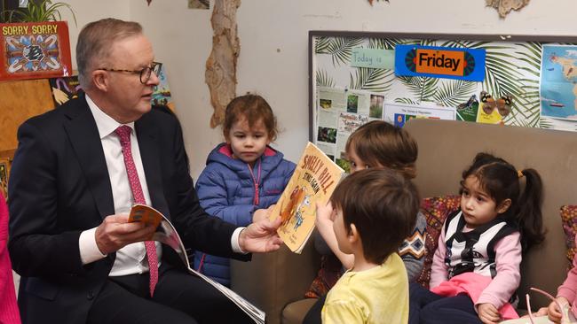 Anthony Albanese visiting the Merri Community Child Care and Kindergarten. Picture: Nicki Connolly