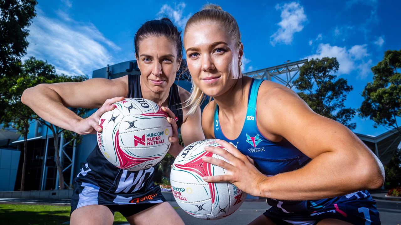 Collingwood co-captain Ash Brazill and Vixens co-captain Kate Moloney outside John Cain Arena ahead of the Super Netball Melbourne derby. Picture: Jake Nowakowski