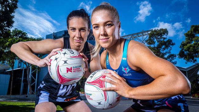 Collingwood co-captain Ash Brazill and Vixens co-captain Kate Moloney outside John Cain Arena ahead of the Super Netball Melbourne derby. Picture: Jake Nowakowski