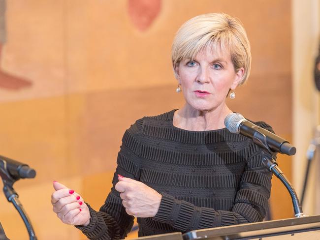 Australian Minister for Foreign Affairs Julie Bishop is seen at offering remarks following the signing of a maritime borders treaty between Australia and Timor-Leste at UN Headquarters in New York, NY, USA on March 6, 2018. 06 Mar 2018 Pictured: Australian Minister for Foreign Affairs Julie Bishop is seen at a press conference following the signing of a maritime borders treaty between Australia and Timor-Leste at UN Headquarters in New York, NY, USA on March 6, 2018. (Photo by Albin Lohr-Jones/Sipa USA). Photo credit: Albin Lohr-Jones/Sipa USA / MEGA  TheMegaAgency.com +1 888 505 6342