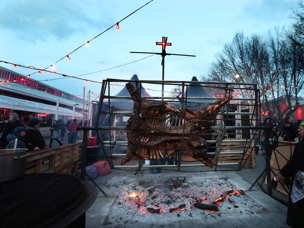 24-hour coal cooked Big River Highland Beef by chefs Vince Trim and Paula Labaki at the first night of the Winter Feast at PW1. Picture: NIKKI DAVIS-JONES