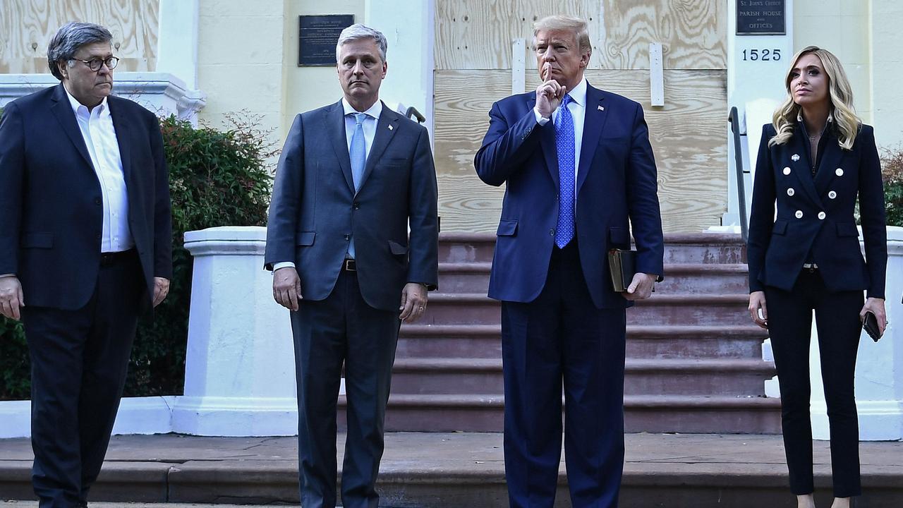 (L-R) US Attorney-General William Barr, White House Chief of Staff Mark Meadows, US President Donald Trump and White House press secretary Kayleigh McEnany. Picture: Brendan Smialowski/AFP