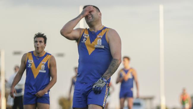 Cranbourne full-forward Marc Holt is still one goal shy of 1000 career goals after missing a couple of gettable shots in the last quarter on Saturday. Picture: Valeriu Campan