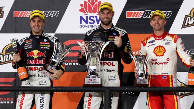 Shane van Gisbergen (centre) and Will Davison (right) have shared an awkward moment during a recent press conference. Picture: Getty Images