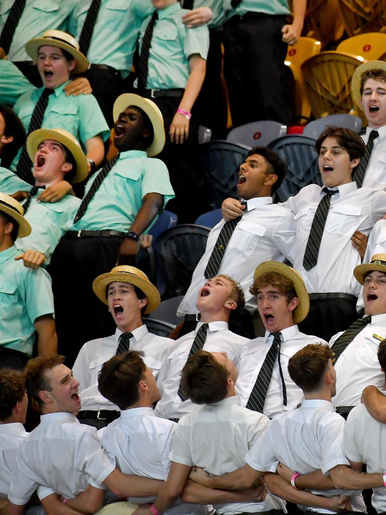 Brisbane Boys College support their team. Action from the GPS swimming championships. Thursday March 10, 2022. Picture, John Gass